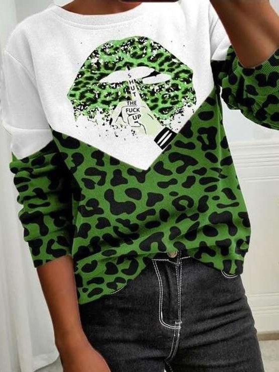 Casual Gored Leopard print Round neck Long sleeve T-Shirts