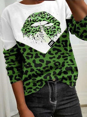 Casual Gored Leopard print Round neck Long sleeve T-Shirts
