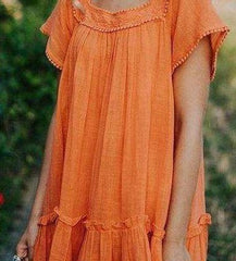 Casual Loose Pure Square collar Short sleeve Gored Shift Dresses