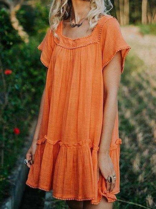 Casual Loose Pure Square collar Short sleeve Gored Shift Dresses