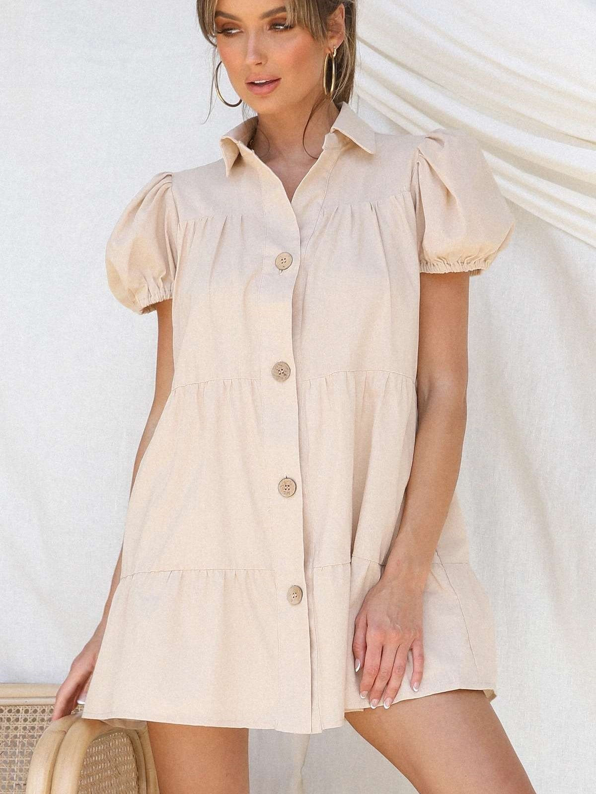 Casual Pure Lapel Short sleeve Shirt Shift Dresses