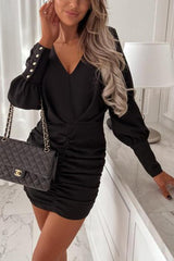 V Neck Ruched Bodycon Dress