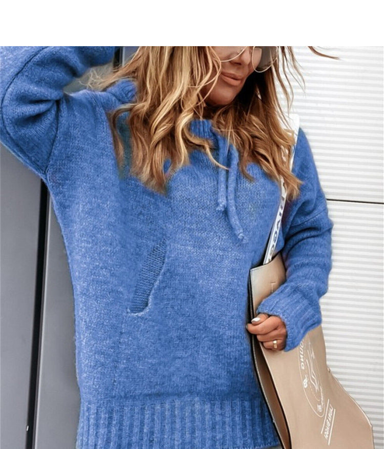 Warm hoodied women pockets long sleeve winter sweaters