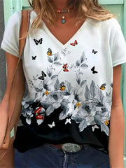 Casual Print V neck Short sleeve T-Shirts