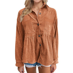 Casual Loose Hem Turn down Neck Button Corduroy Jackets