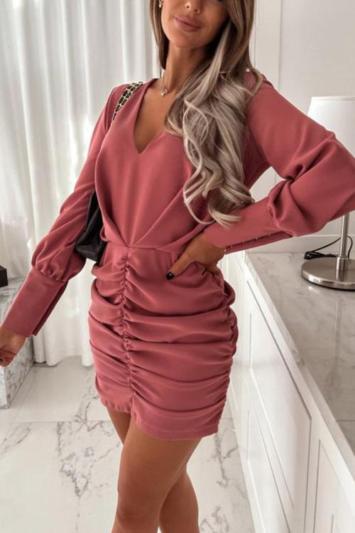 V Neck Ruched Bodycon Dress