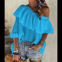 Casual Pure Falbala One shoulder Single sleeve T-Shirts