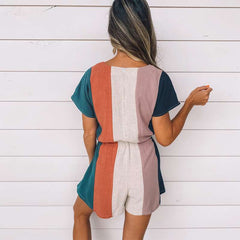Casual Loose Stripe print V neck Short sleeve Lacing Jumpsuits