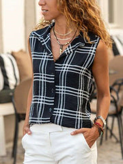 Fashion Plaid Lapel Sleeveless Blouses