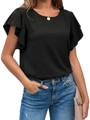 Casual Loose Pure Round neck Short sleeve Falbala Backless T-Shirts
