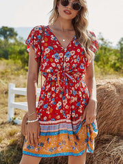 Casual Floral print V neck Short sleeve Drawstring Skater Dresses
