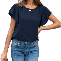 Casual Loose Pure Round neck Short sleeve Falbala Backless T-Shirts
