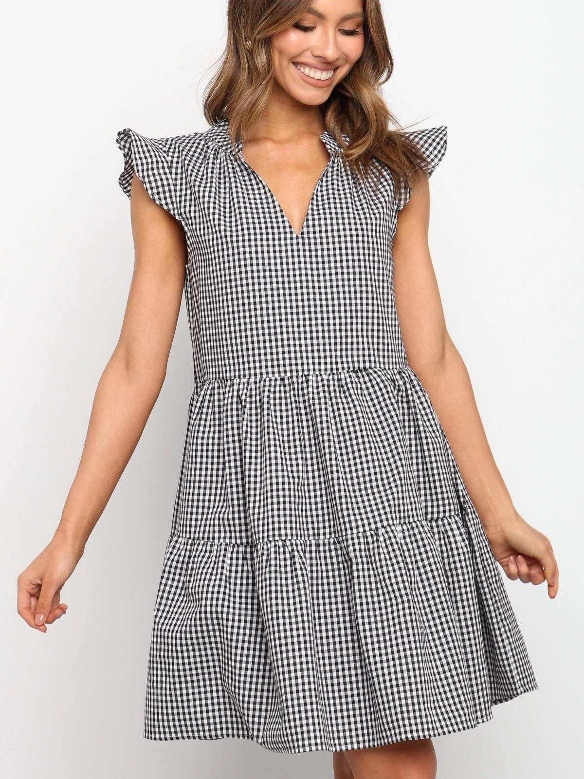 Casual Plaid V neck Falbala Shift Dresses