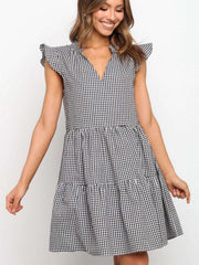 Casual Plaid V neck Falbala Shift Dresses
