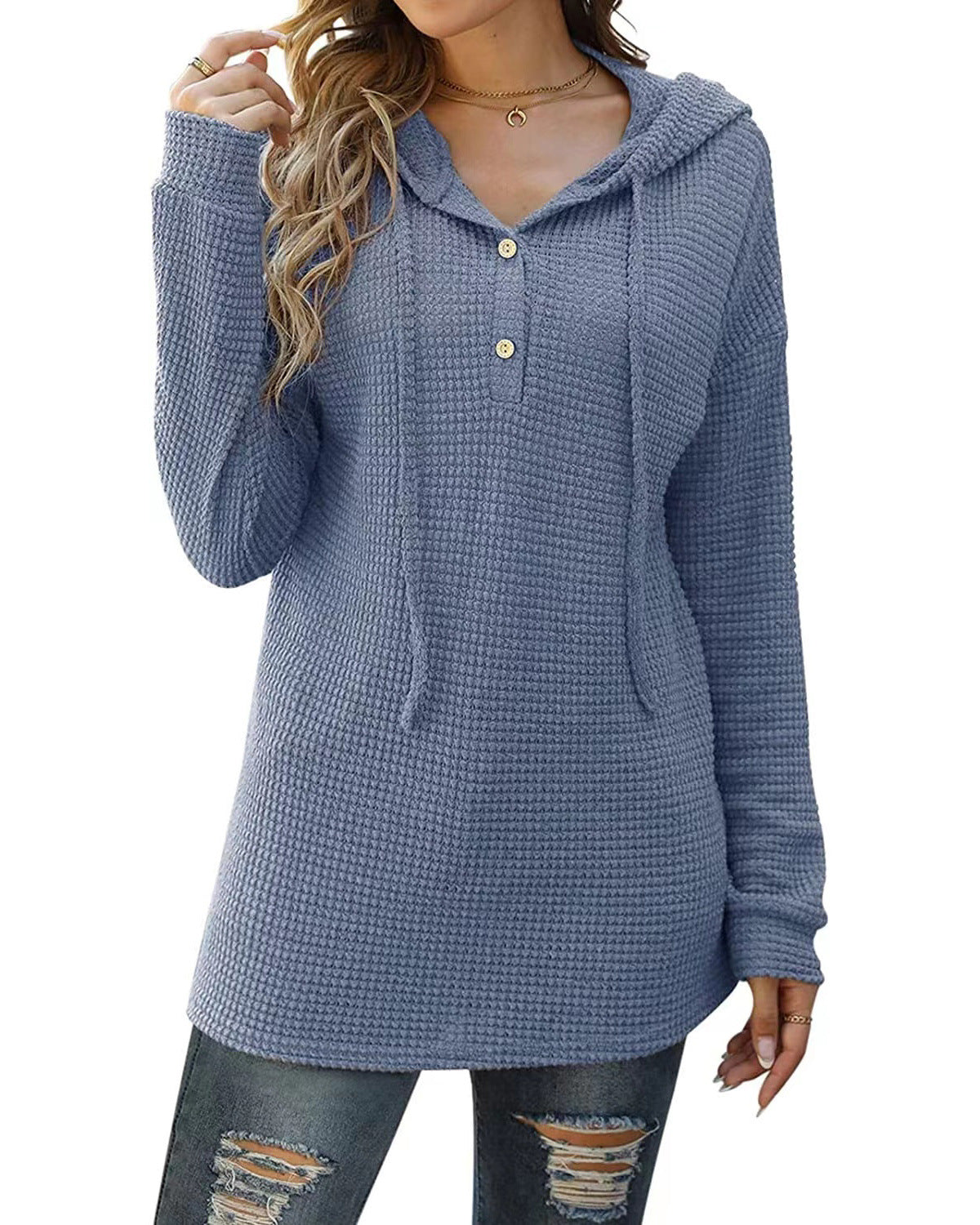Loose Sports Knit Long Sleeve Button Hooded Sweatshirts