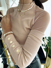 Fashion Pure Grenadine Gored High collar Long sleeve T-Shirts
