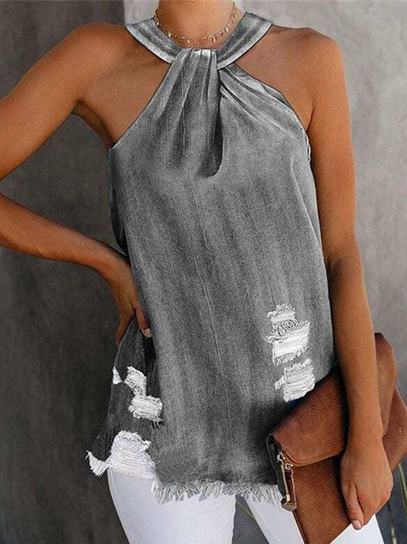 Fashion Pure Broken hole Jean Halter Vests