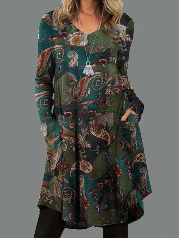 Casual Retro print V neck Long sleeve Shift Dresses