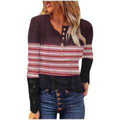 Slim fit button-down striped Round neck lace top T-shirts