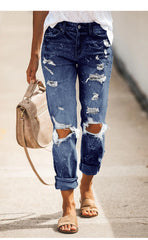 Basic fashion hole design denim jeans long pants