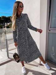 Casual Floral print Lapel Long sleeve Fastener Lacing Skater Dresses