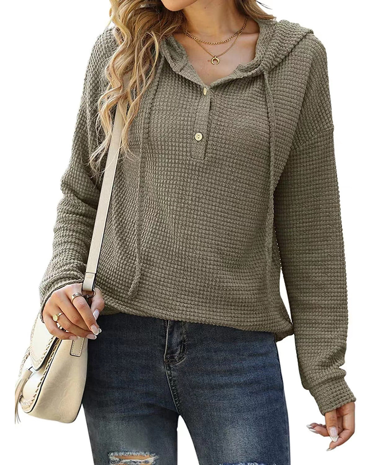 Loose Sports Knit Long Sleeve Button Hooded Sweatshirts