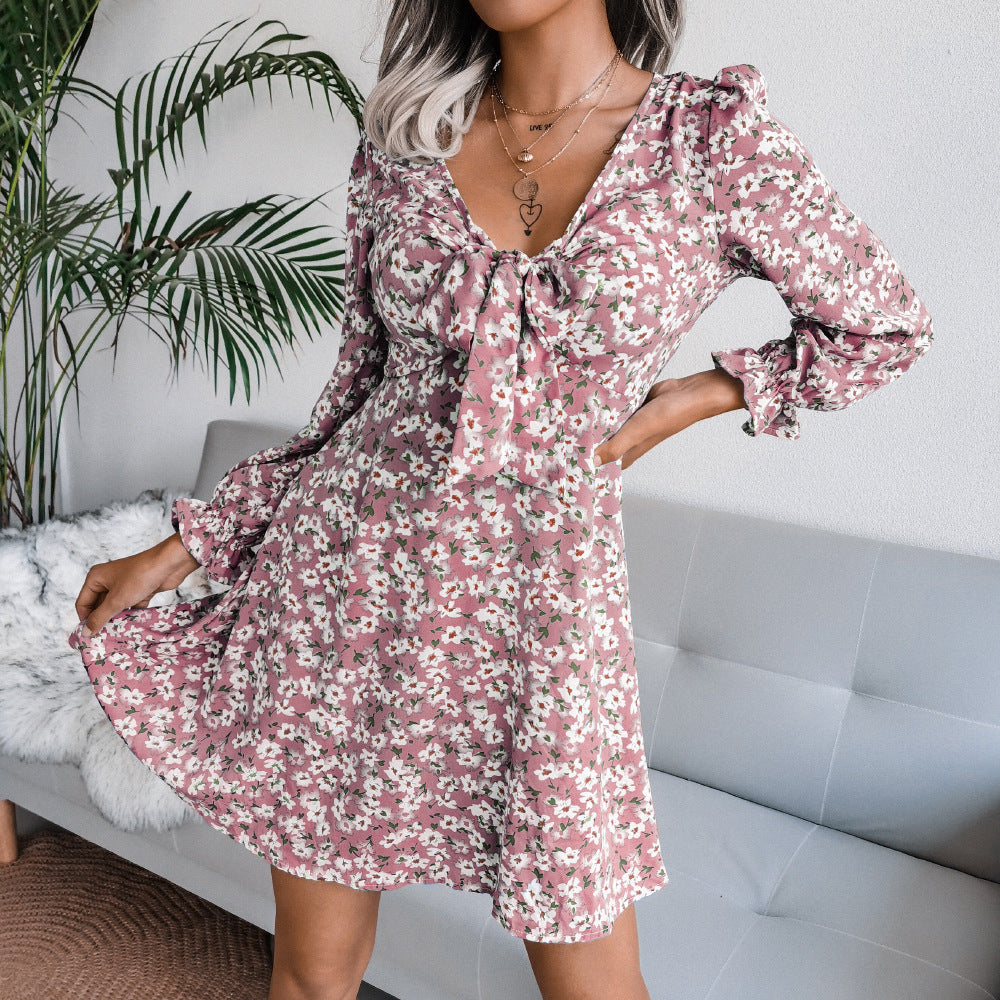 V neck women printed long sleeve fashion skater dresses