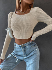 Sexy Zip Knit Cropped Round Collar Long Sleeve T-Shirts