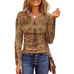 Women Long Printed Zip V Neck Top T-shirts