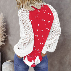Christmas round neck printed lace lantern long-sleeved T-shirts