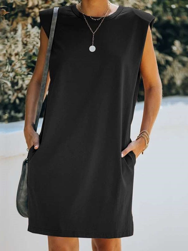 Casual Pure Round neck Sleeveless Pocket Shift Dresses