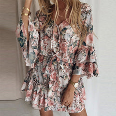 Chiffon Pullover Show Thin Floral Mid Waist Skater Dresses