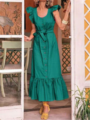 Fashion Pure Round neck Sleeveless Fastener Falbala Lacing Maxi Dresses