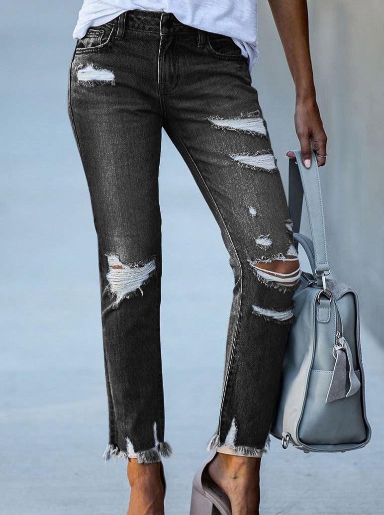 Denim fashion hole design long slim pants