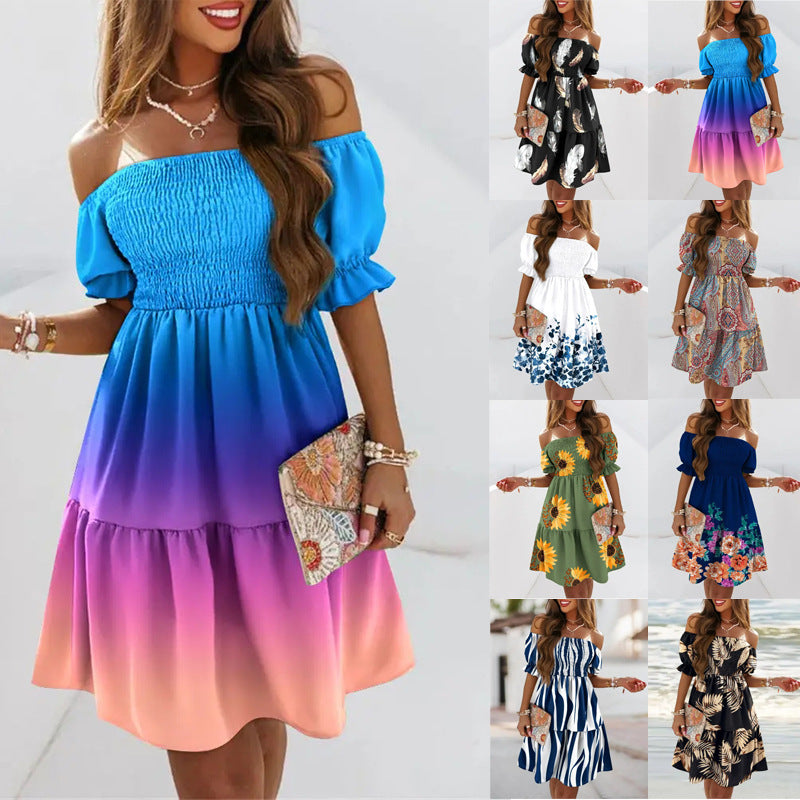 Short-Sleeve T-Neck Neck High Waist Pleated Printed Skater dresses