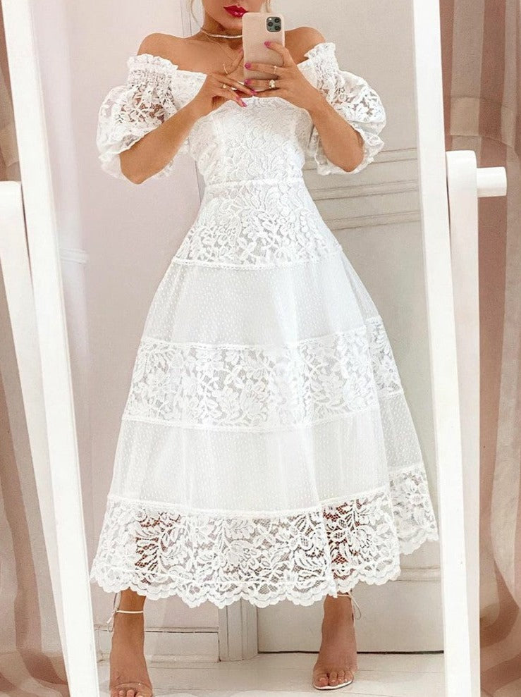 V-neck lace stitching large hem long skirt puff sleeve maxi dresses