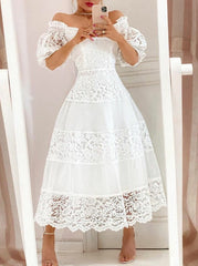 V-neck lace stitching large hem long skirt puff sleeve maxi dresses