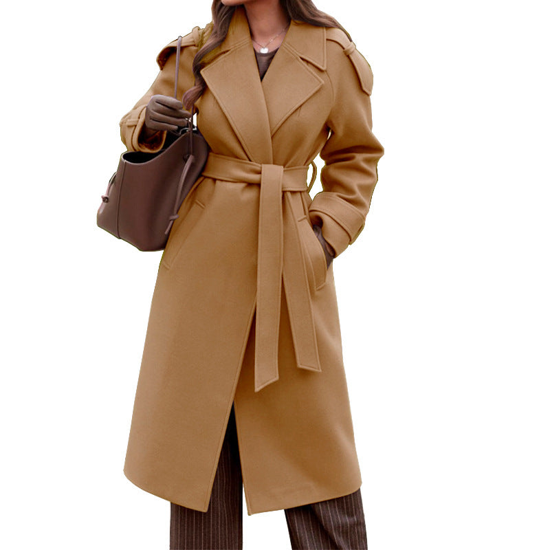 Winter warm elegant women plain slim turn down neck long coats outwear