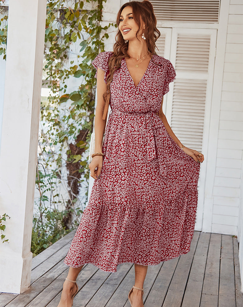 V neck stylish chiffon floral tie waist maxi dresses