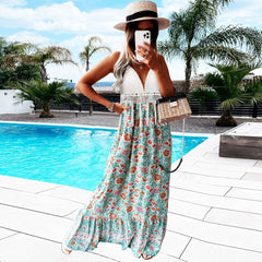 Vacation beach wearing printed halter neck women sleeveless long dresses