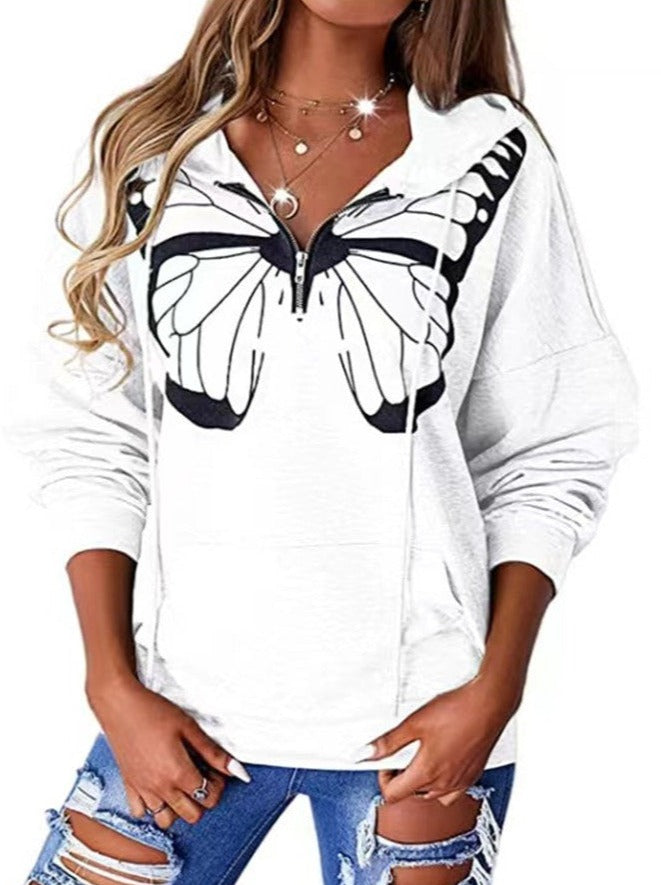 Butterfly Printed Pocket Hooded Loose Sweatshirts Hoodies