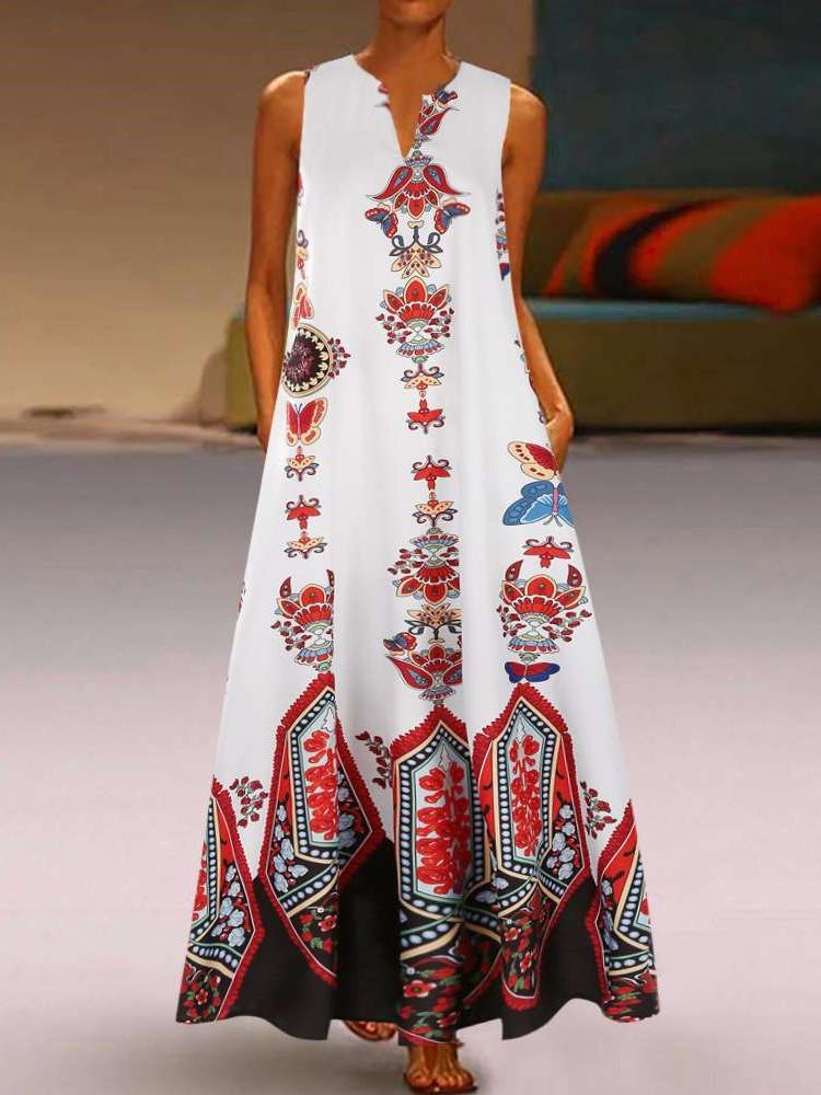 Casual Print V neck Sleeveless Maxi Dresses