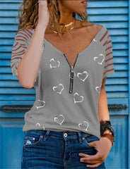 Love printed women v neck short sleeve tops zipper shirts