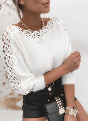 Sexy V-neck lace stitching solid color long-sleeved sweaters