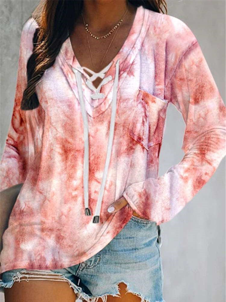 Casual Plangi Long sleeve Lacing Hoodies Sweatshirts