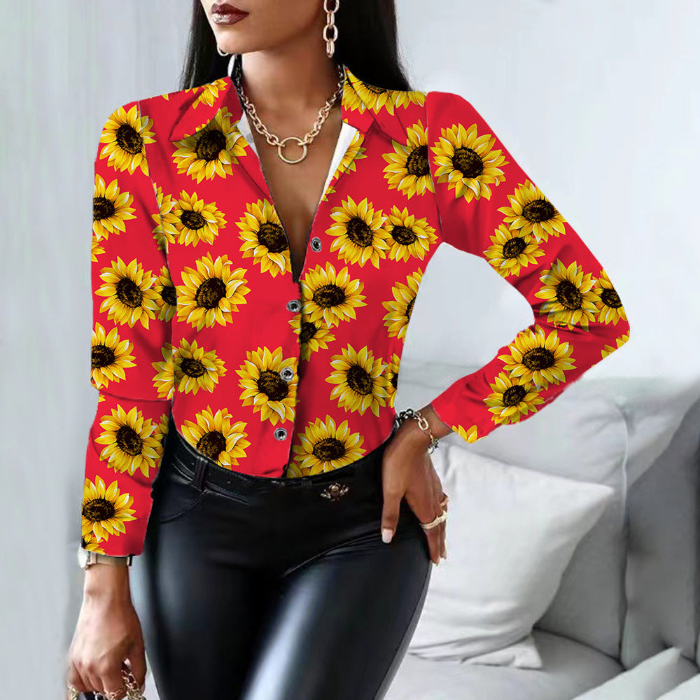 Women's Long Sleeve Buttoned Sunflower Print Shirt Blouses