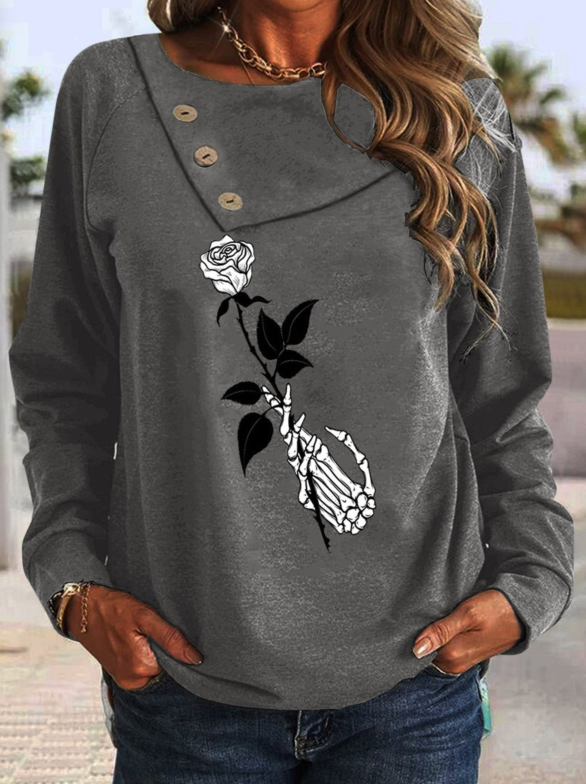 Button Neck Flower Printed Long Sleeve T-Shirts