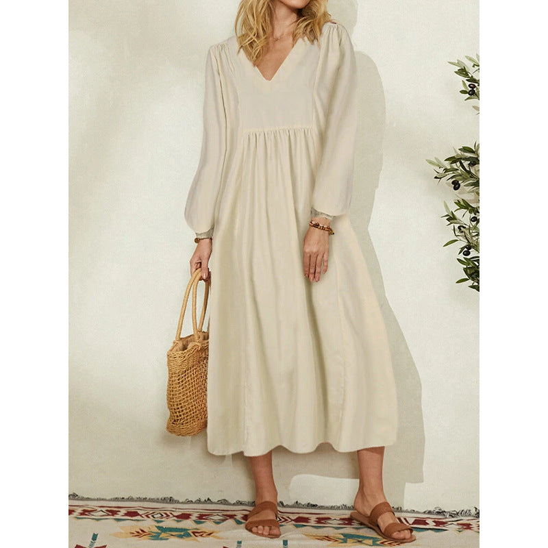 V neck women plain loose long sleeve plain maxi dresses