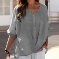 V Neck Pullover Short Sleeve Loose Fit Women's Irregular Casual Shirt