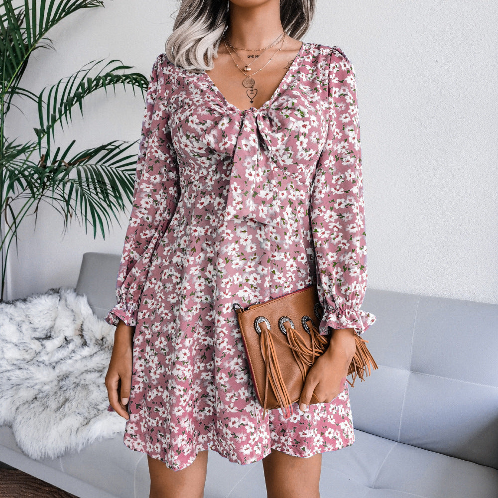 V neck women printed long sleeve fashion skater dresses